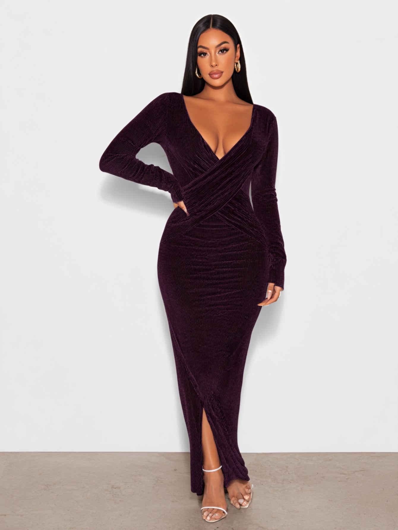 2025 Autumn Women's Dresses Sexy Plain Long Sleeve Plunge Neck Ruched Side Slit Elegant Maxi Evening Dresses
