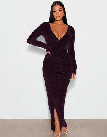 2025 Autumn Women's Dresses Sexy Plain Long Sleeve Plunge Neck Ruched Side Slit Elegant Maxi Evening Dresses