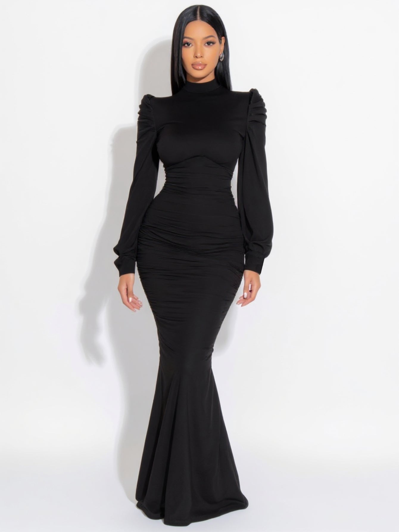 2025 Autumn Women's Dresses Simple Solid Color Long Sleeve High Neck Elegant Maxi Mermaid Evening Dresses