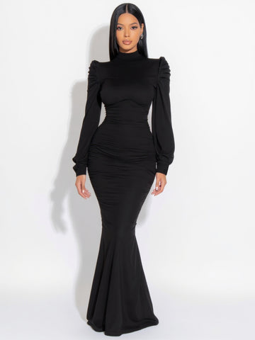 2025 Autumn Women's Dresses Simple Solid Color Long Sleeve High Neck Elegant Maxi Mermaid Evening Dresses