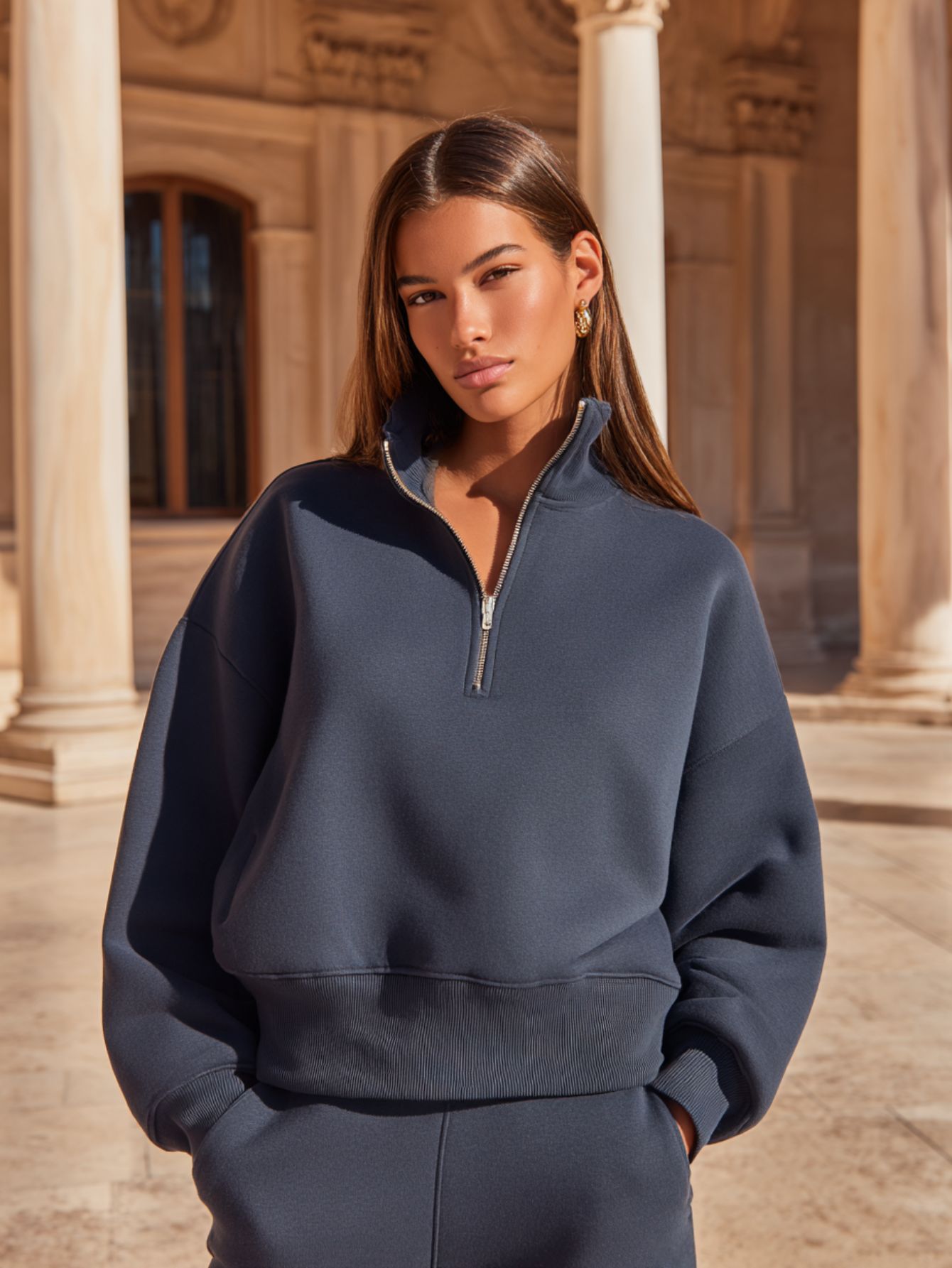 Boutique Women's Sweatshirts Autumn Winter Comfortable Simple Plain Zipper Long Sleeve Stand Collar Casual Pullover