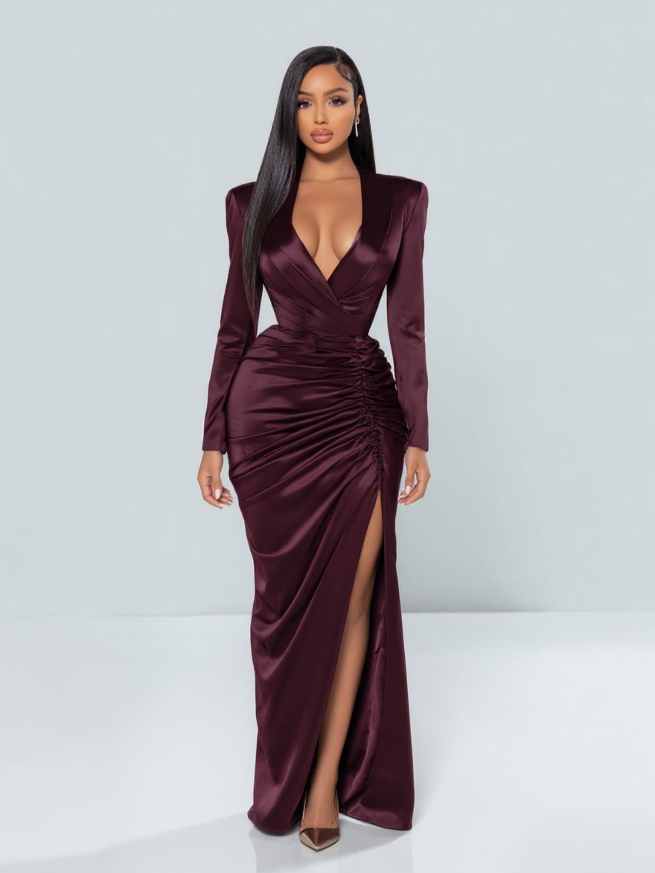 Women's 2025 Autumn Fashion Dresses Long Sleeve V-Neck Side Slit Plain Party Skinny Fit Dresses