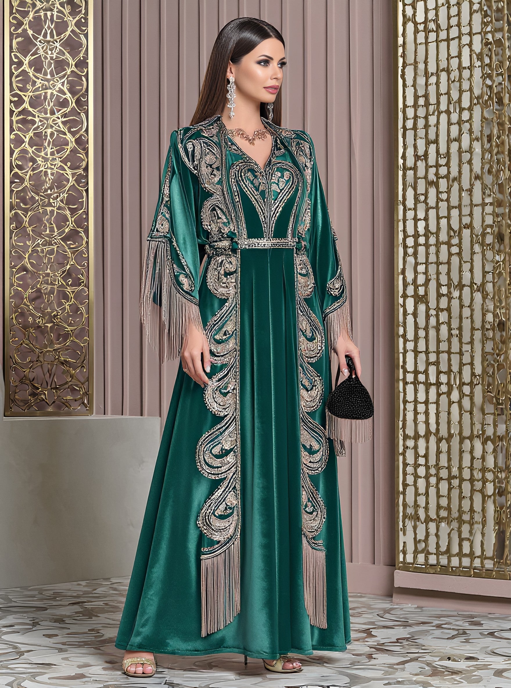 Autumn Long Dress Casual Style V-Neck A-Line Skirt Flounce Sleeve Body-Fitting Muslim Fashion Women's Dress