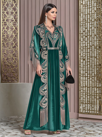 Autumn Long Dress Casual Style V-Neck A-Line Skirt Flounce Sleeve Body-Fitting Muslim Fashion Women's Dress