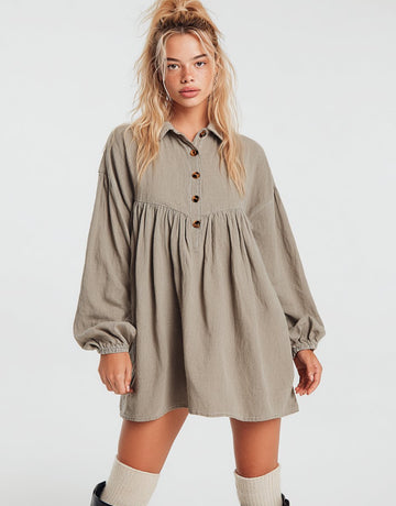 Loose Fit Mid-Length Dress Autumn Fashion Shirt Collar Lantern Sleeve Casual Style Women's Skirt Type Dress