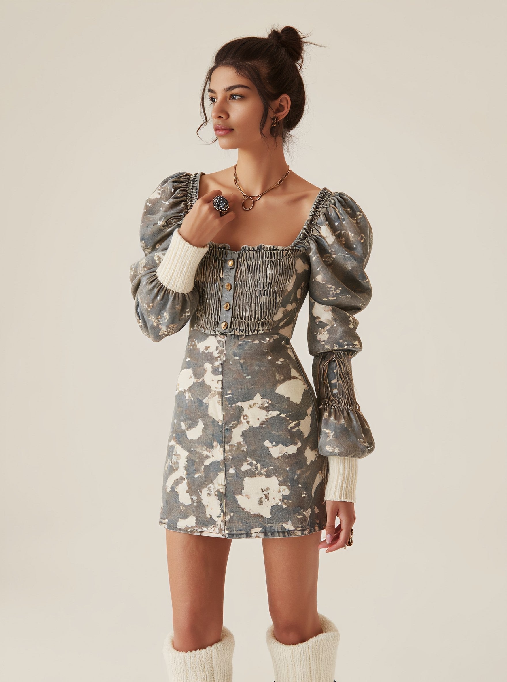 Spring Autumn Casual Dress Midi Skirt Square Neck Puff Sleeve Fit Body Style Women's Fashion Clothing