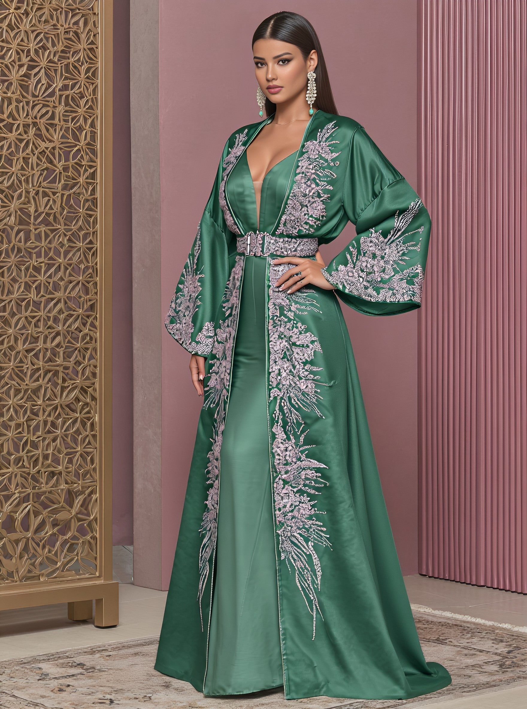Autumn Abaya Casual Style Floor-Length A-Line Skirt V-Neck Bell Sleeve Body-Fitting Muslim Women's Fashion Arabic Robe