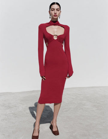 Fall 2025 Dresses Solid Color Long Sleeve Cutout Neckline Metal Ring Accent Minimalist Chic Dresses