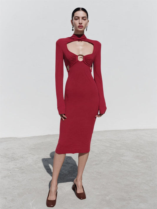 Fall 2025 Dresses Solid Color Long Sleeve Cutout Neckline Metal Ring Accent Minimalist Chic Dresses