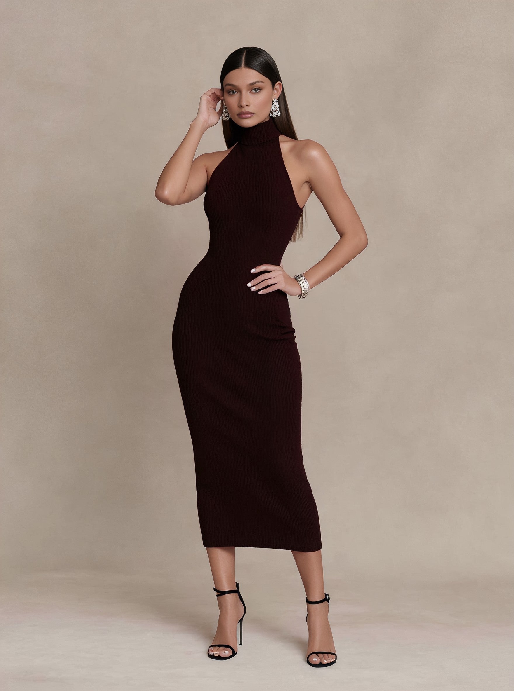 Casual Fitted High Collar Mid-Length Dress Autumn Sleeveless Pencil Skirt Style Women's Fashion Outerwear