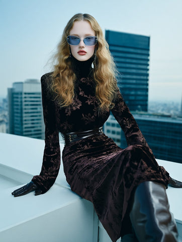 Autumn High Neck Tight Dress Mid-Length Skirt Style Casual Straight Sleeve Close-Fitting Design Women's Fashion Dress