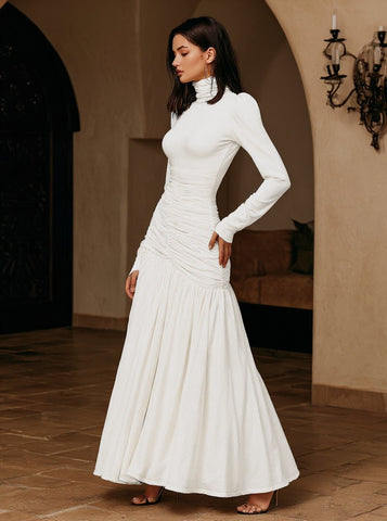 Women's Dress Autumn Elegant 2025 Plain Ruched High Neck Long Sleeve Mermaid Maxi Evening Formal Dress