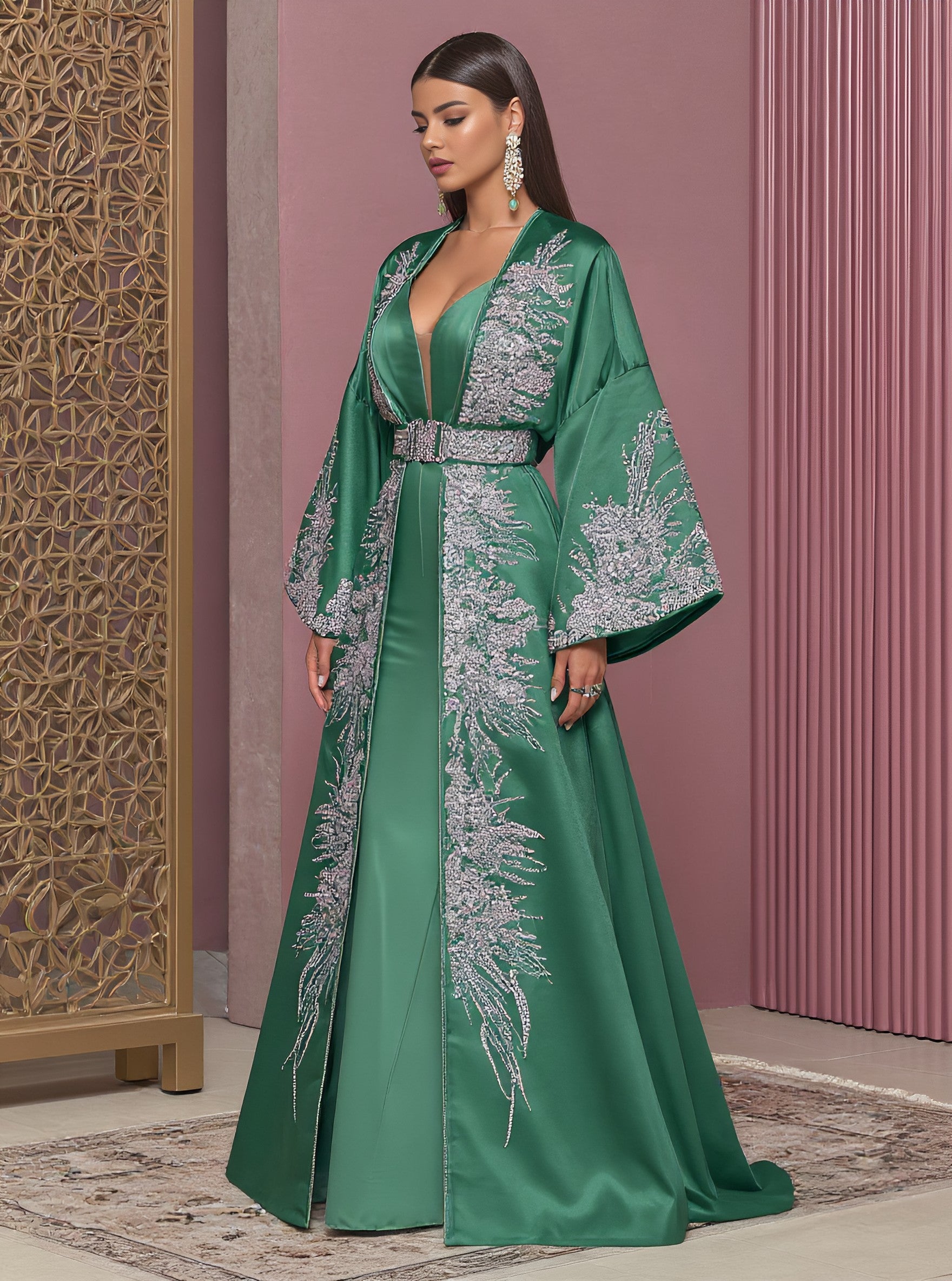 Autumn Abaya Casual Style Floor-Length A-Line Skirt V-Neck Bell Sleeve Body-Fitting Muslim Women's Fashion Arabic Robe