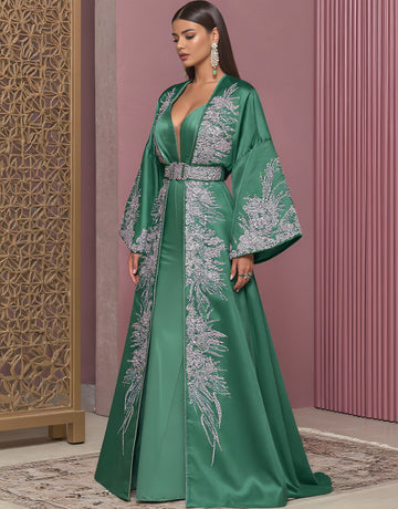 Autumn Abaya Casual Style Floor-Length A-Line Skirt V-Neck Bell Sleeve Body-Fitting Muslim Women's Fashion Arabic Robe