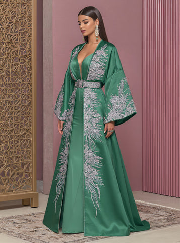 Autumn Abaya Casual Style Floor-Length A-Line Skirt V-Neck Bell Sleeve Body-Fitting Muslim Women's Fashion Arabic Robe