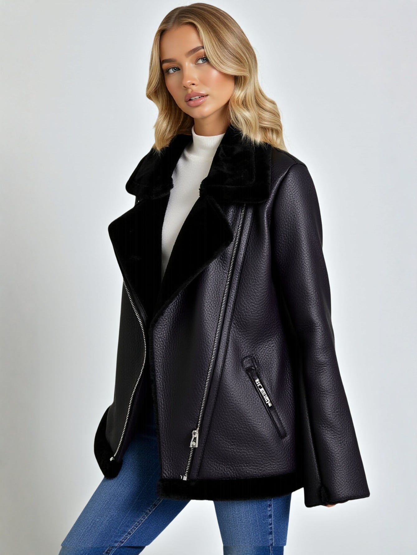 Women's Double-Sided Motorcycle Jacket Coat Fur Thickened European American Style Autumn Winter Fashionable Outerwear