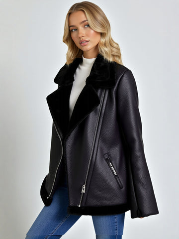 Women's Double-Sided Motorcycle Jacket Coat Fur Thickened European American Style Autumn Winter Fashionable Outerwear