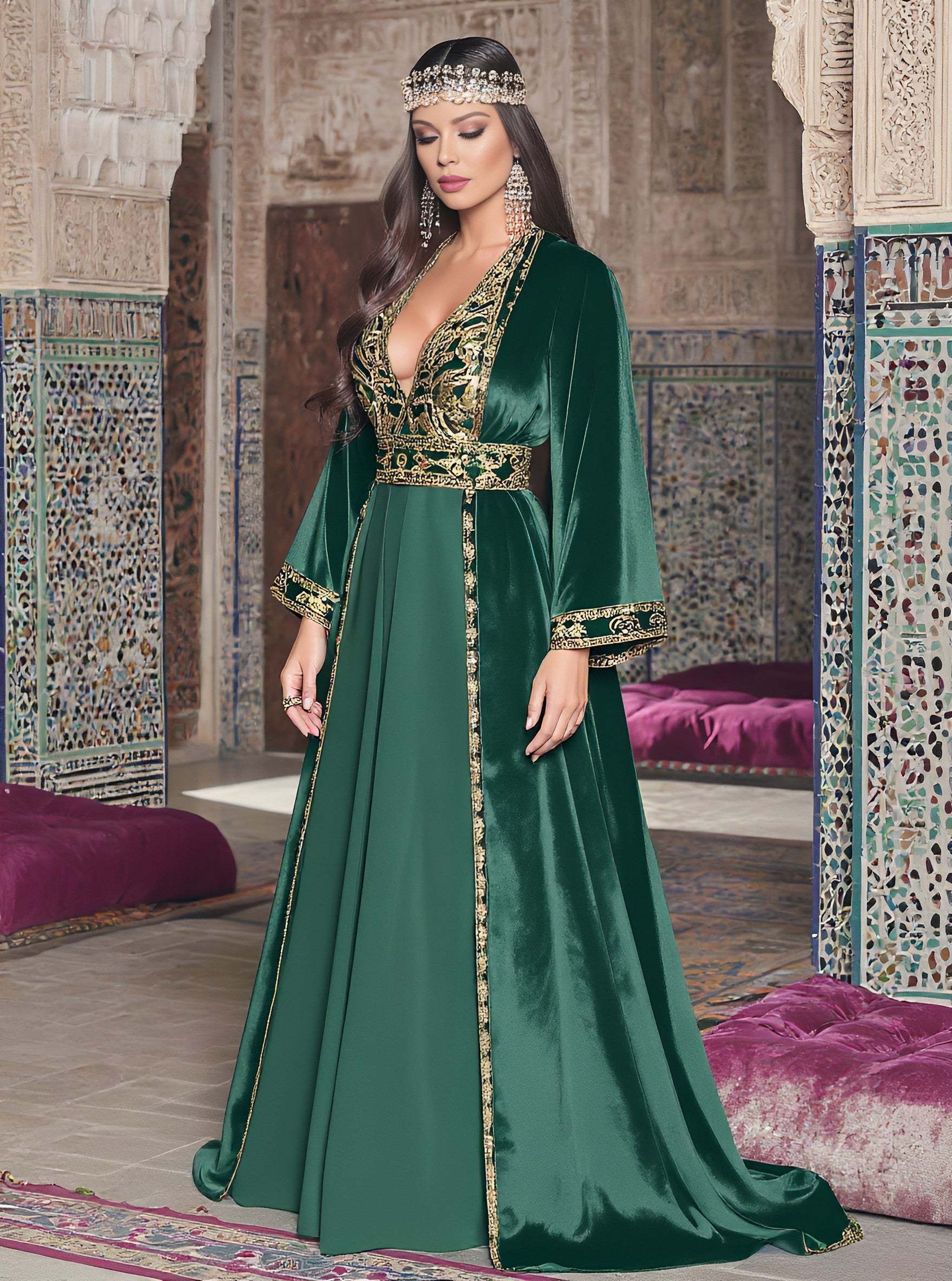 Loose Fit Casual Dress Autumn V Neck Long Straight Sleeve Floor Length A-Line Skirt Muslim Fashion Women's Dress