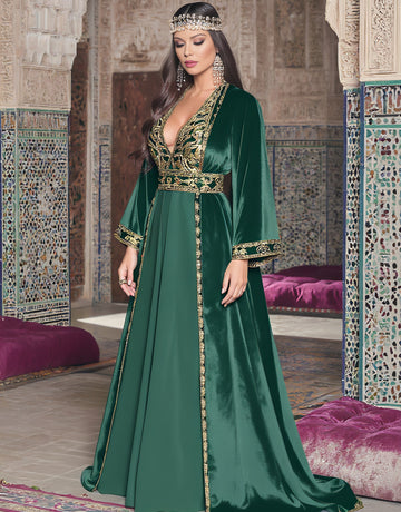 Loose Fit Casual Dress Autumn V Neck Long Straight Sleeve Floor Length A-Line Skirt Muslim Fashion Women's Dress