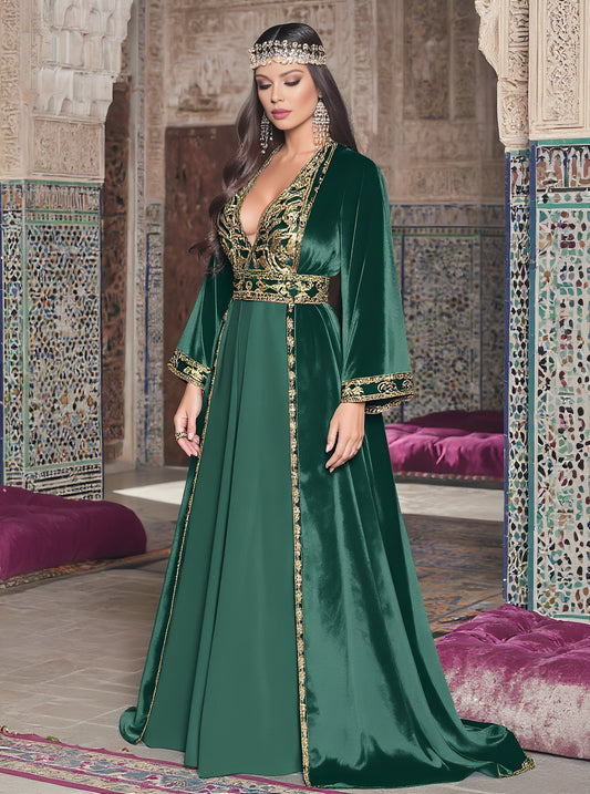 Loose Fit Casual Dress Autumn V Neck Long Straight Sleeve Floor Length A-Line Skirt Muslim Fashion Women's Dress