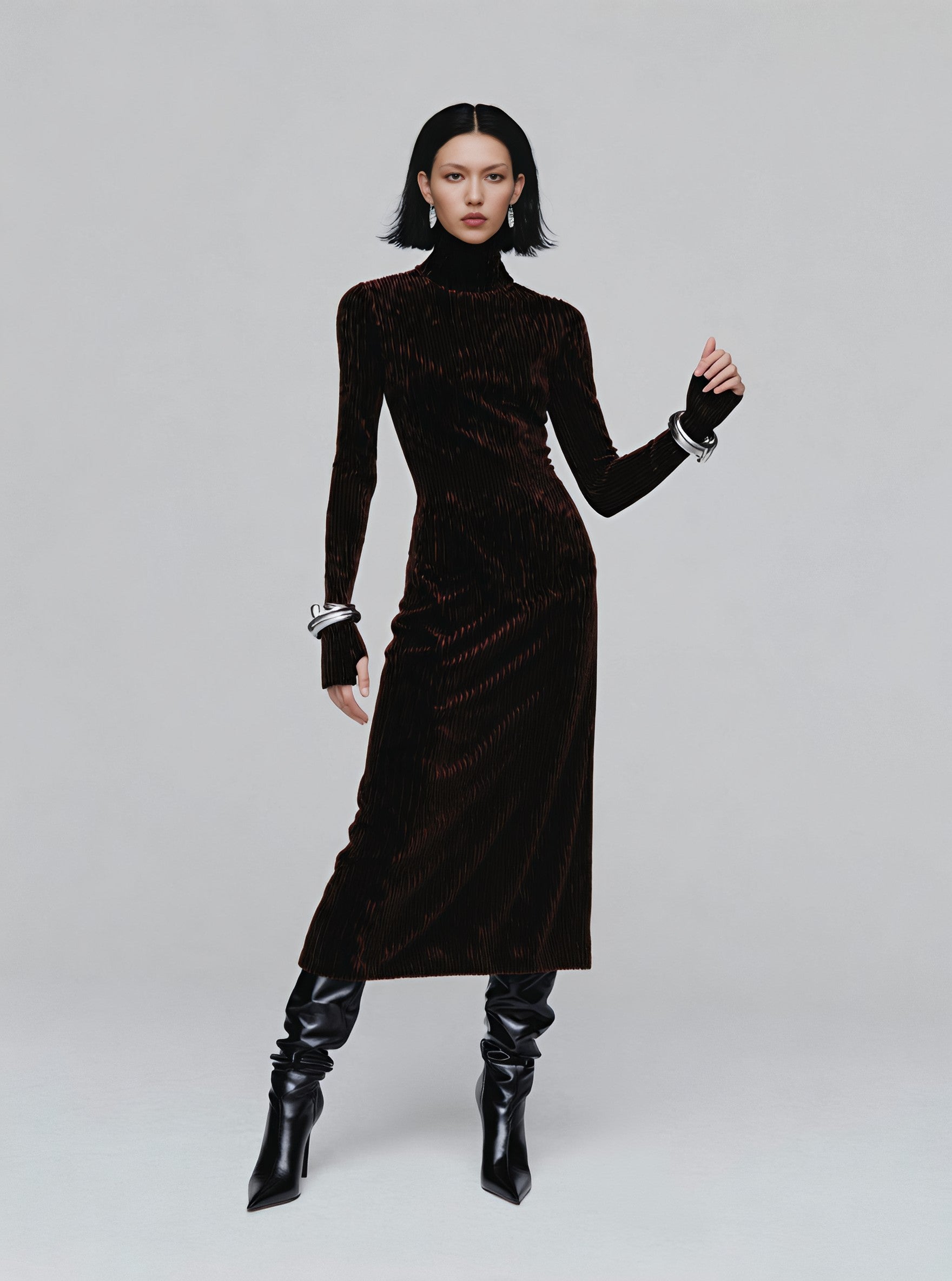 Winter Tight Fit Dress Casual High Collar Mid-Length Skirt Straight Sleeve Women's Clothing Fashion Style