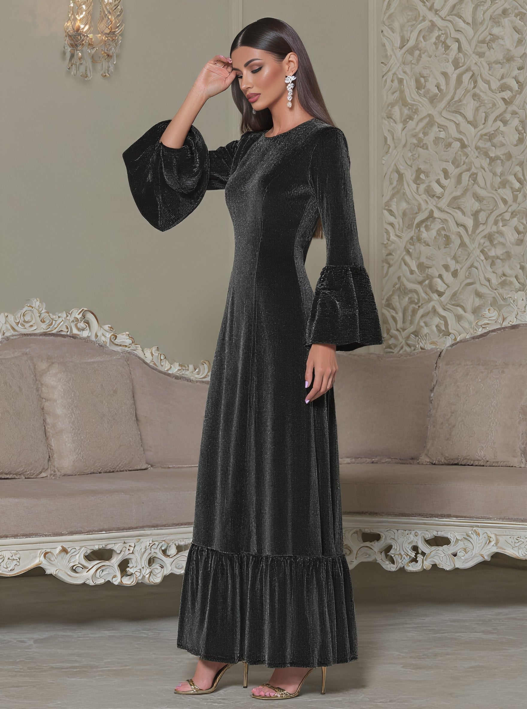 Casual Round Neck Midi Dress With Pleated Skirt And Lace Sleeves Suitable For Autumn Season Body-Fitting Muslim Fashion Dress