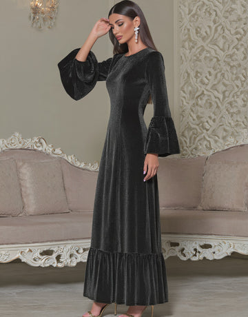 Casual Round Neck Midi Dress With Pleated Skirt And Lace Sleeves Suitable For Autumn Season Body-Fitting Muslim Fashion Dress