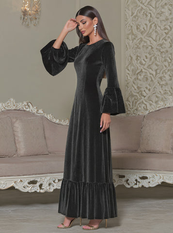 Casual Round Neck Midi Dress With Pleated Skirt And Lace Sleeves Suitable For Autumn Season Body-Fitting Muslim Fashion Dress