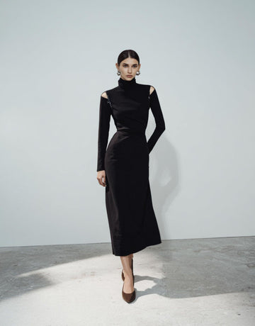 Autumn Dresses 2025 Women's Fashion Solid Color Long Sleeve High Neck A-Line Midi Streetwear Dresses