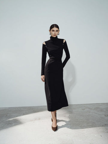 Autumn Dresses 2025 Women's Fashion Solid Color Long Sleeve High Neck A-Line Midi Streetwear Dresses