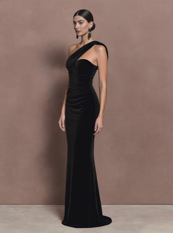 Autumn Casual Tight Fit Dress With Asymmetrical Shoulder Collar And Straight Sleeve Floor Length A-Line Skirt Style