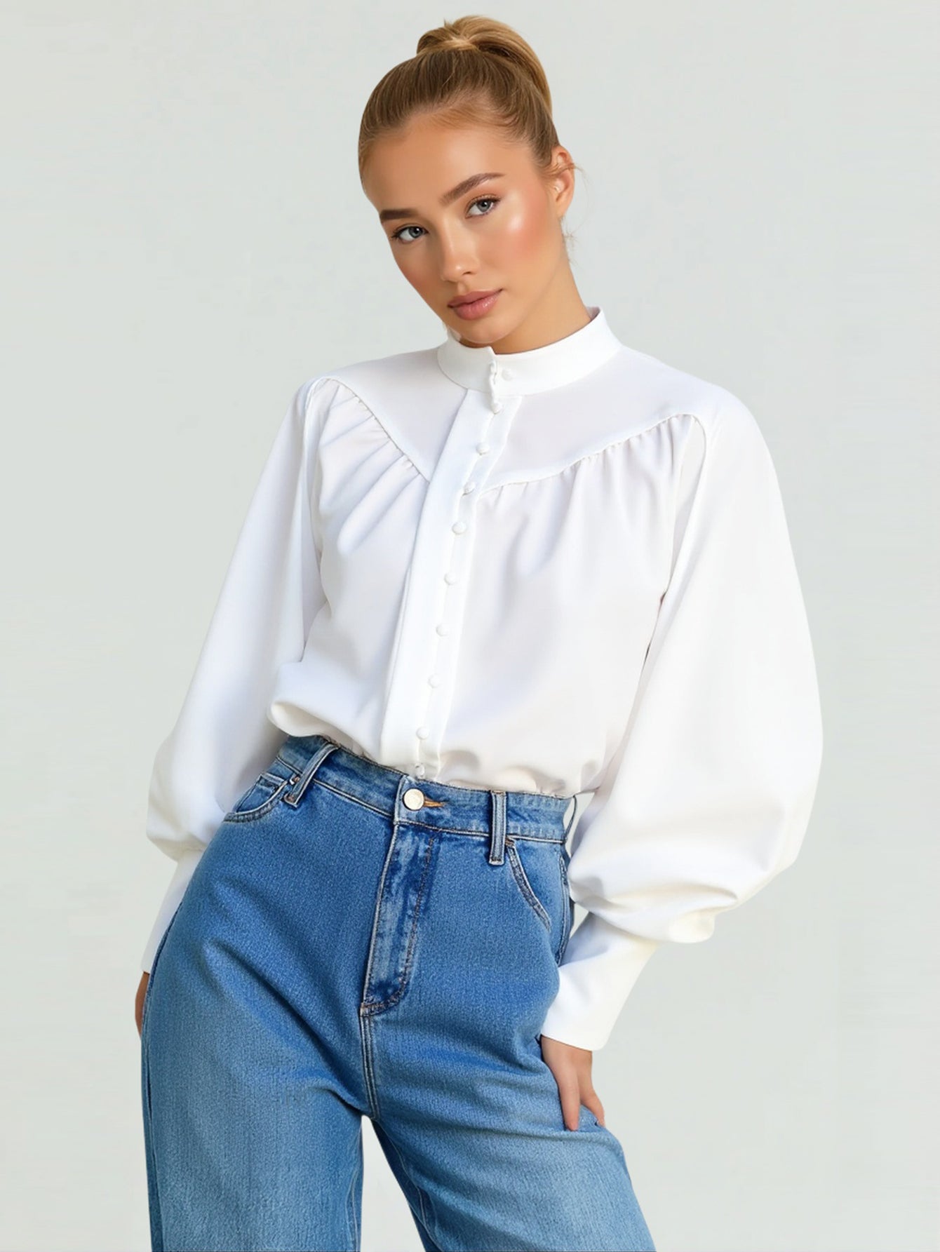 Women's White Casual Shirt Autumn Winter Loose Small Stand Collar Lantern Sleeve Pleated Commuter Style Gas Texture