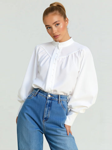 Women's White Casual Shirt Autumn Winter Loose Small Stand Collar Lantern Sleeve Pleated Commuter Style Gas Texture