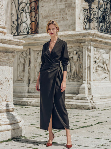 Autumn Dresses 2025 Women's Elegant Plain Long Sleeve V-Neck Nipped Waists Skinny Fit Midi Party Dresses