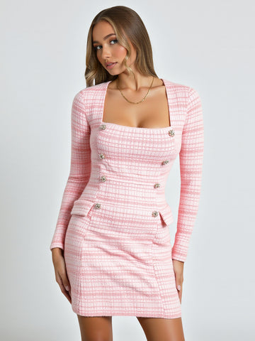 Women's Dresses Autumn 2025 Elegant Basics Plaid Button Through Long Sleeve Square Neck Office Lady Dresses