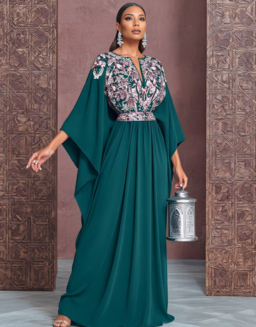 Autumn Kaftan V-neck Long Gown Casual Style A-line Skirt Batwing Sleeves Full-length Muslim Fashion Arabic Robe