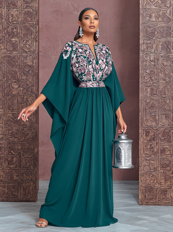 Autumn Kaftan V-neck Long Gown Casual Style A-line Skirt Batwing Sleeves Full-length Muslim Fashion Arabic Robe