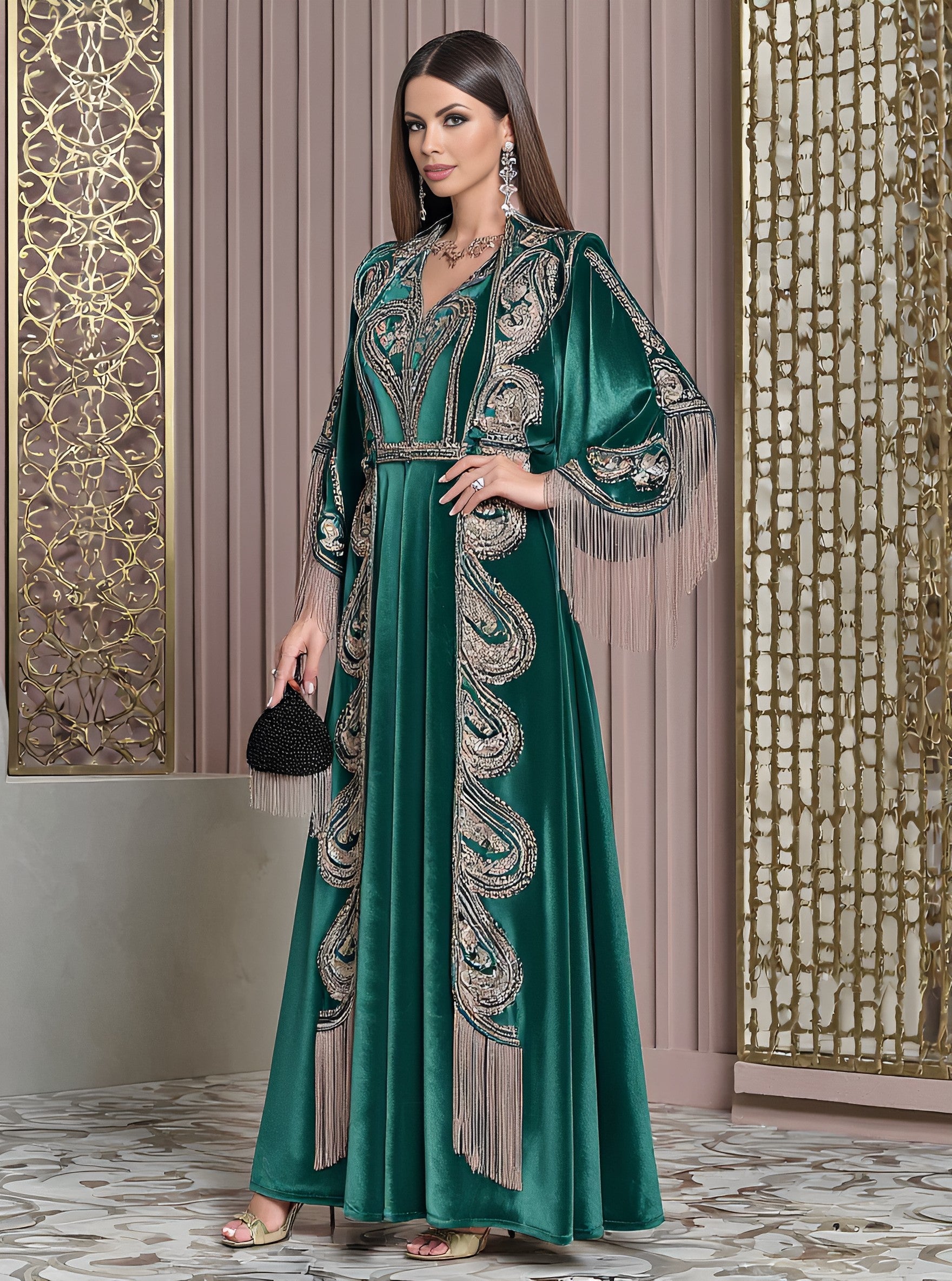 Autumn Long Dress Casual Style V-Neck A-Line Skirt Flounce Sleeve Body-Fitting Muslim Fashion Women's Dress