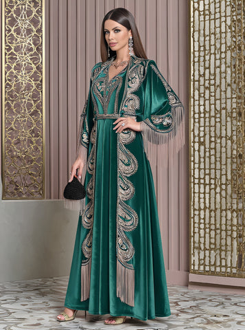 Autumn Long Dress Casual Style V-Neck A-Line Skirt Flounce Sleeve Body-Fitting Muslim Fashion Women's Dress