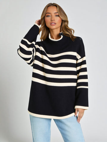 European American Fashion Contrast Striped Turtleneck Pullover Long Sleeve Knitted Sweater Women Winter New