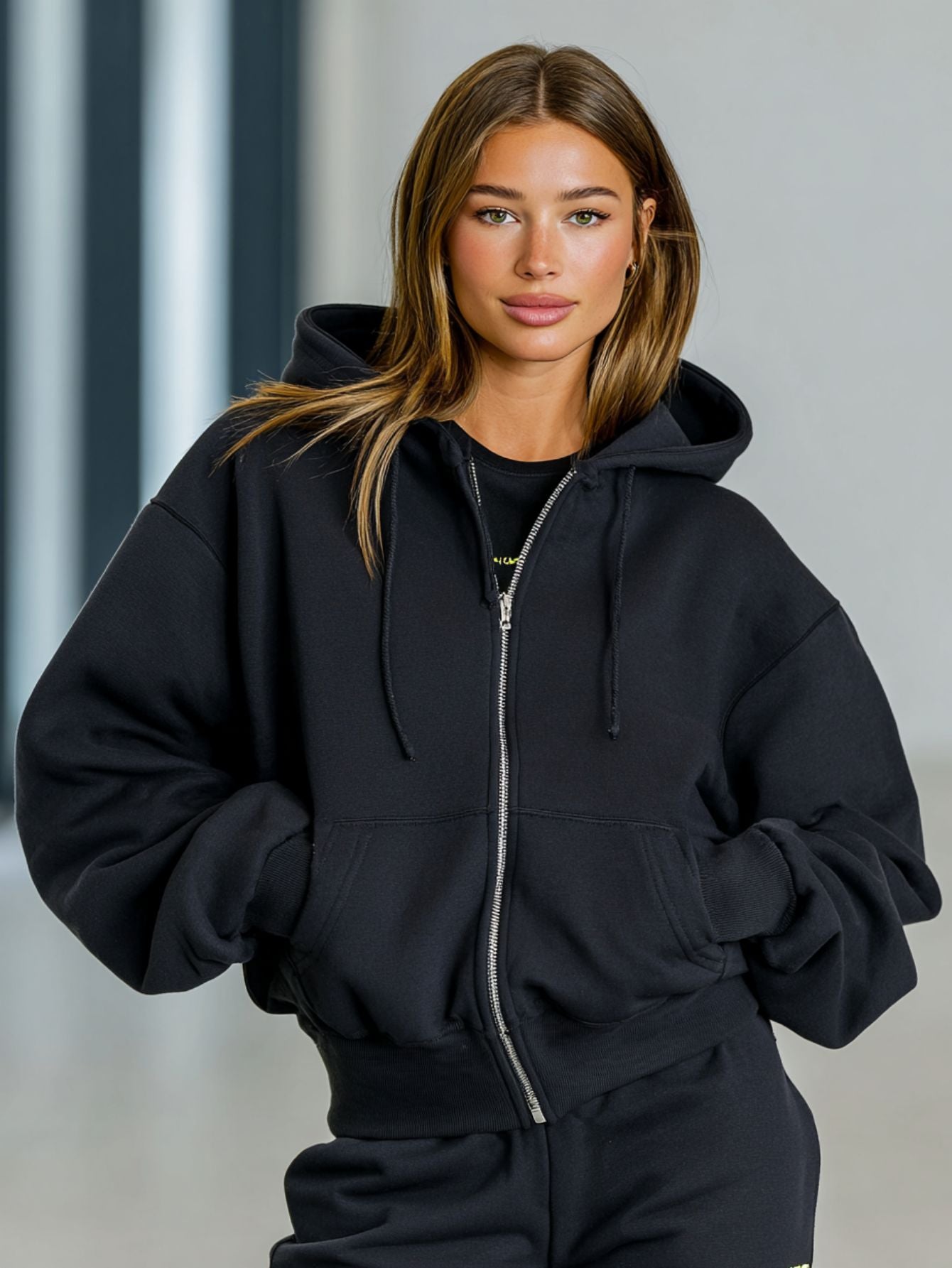 Women's Autumn Winter Sweatshirts Daily Simple Plain Zipper Open Front Pockets Long Sleeve Hooded Casual Hoodie