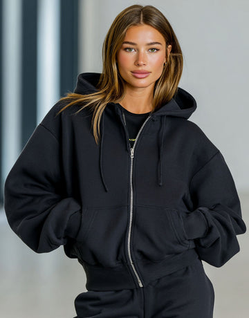 Women's Autumn Winter Sweatshirts Daily Simple Plain Zipper Open Front Pockets Long Sleeve Hooded Casual Hoodie