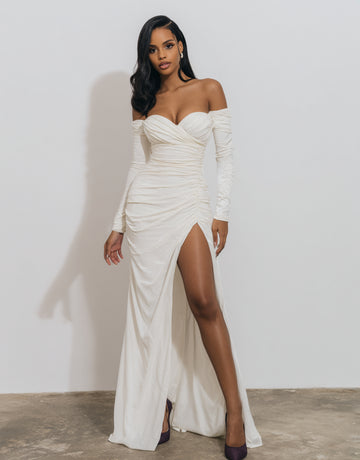 Women's 2025 Autumn Fashion Dresses Long Sleeve Off Shoulder Side Slit Plain Party Skinny Fit Dresses