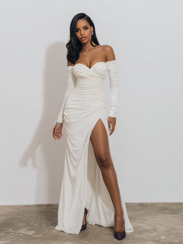 Women's 2025 Autumn Fashion Dresses Long Sleeve Off Shoulder Side Slit Plain Party Skinny Fit Dresses