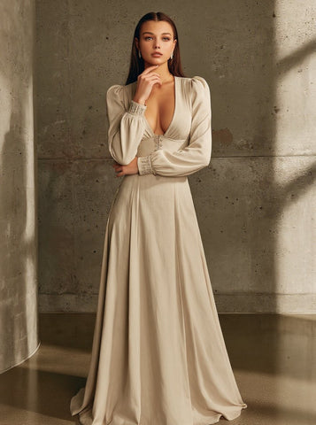 Women's Dresses Autumn Winter Daily 2025 Plain Long Sleeve Deep V Neck Maxi A-Skirt Casual Dresses