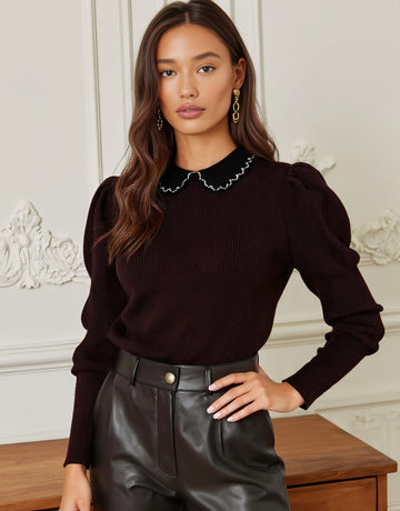 Autumn Sweater Tight Fit Long Sleeve Casual Style Fake Two-Piece Collar Lamb Leg Sleeve Regular Length Women's Top