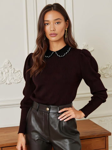 Autumn Sweater Tight Fit Long Sleeve Casual Style Fake Two-Piece Collar Lamb Leg Sleeve Regular Length Women's Top