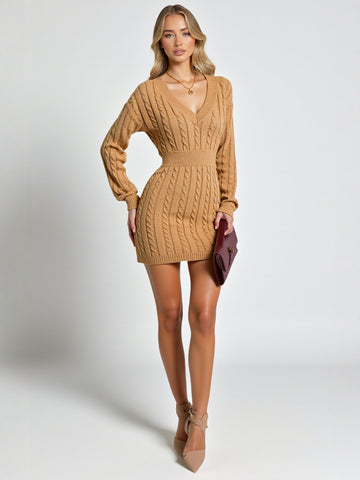 Autumn Dresses 2025 Women's Daily Basic Solid Color Long Sleeve V-Neck Nipped Waists BasicsMini Dresses