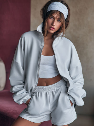 Women's Autumn Sets Korean Casual Solid Color Zipper Long Sleeve Stand Collar Natural Waist Short Shorts Sets