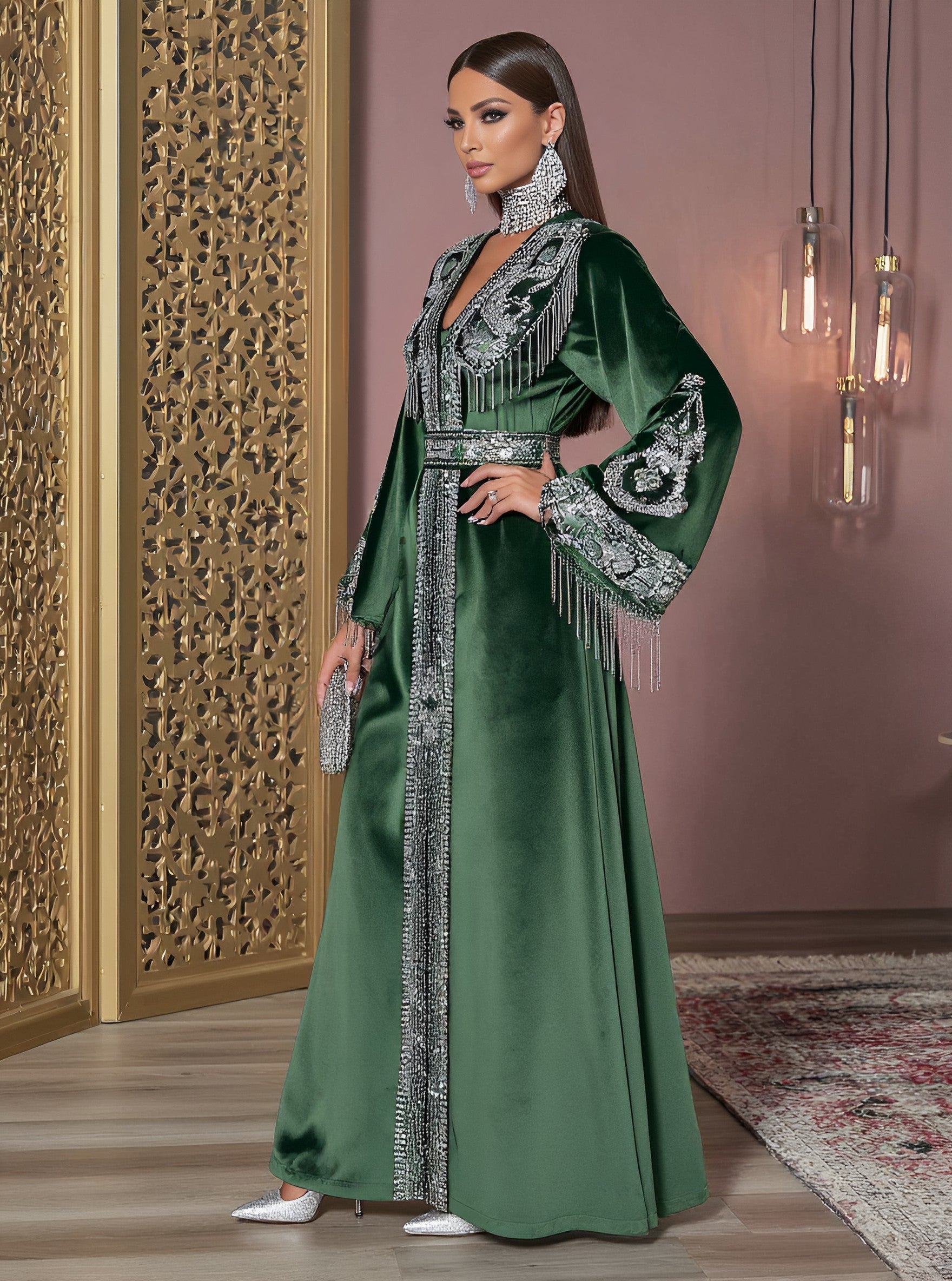 Autumn Casual Jalabiyas Long Dress V-Neck Bell Sleeve A-Line Skirt Style Muslim Fashion Arabic Robe Women's Clothing